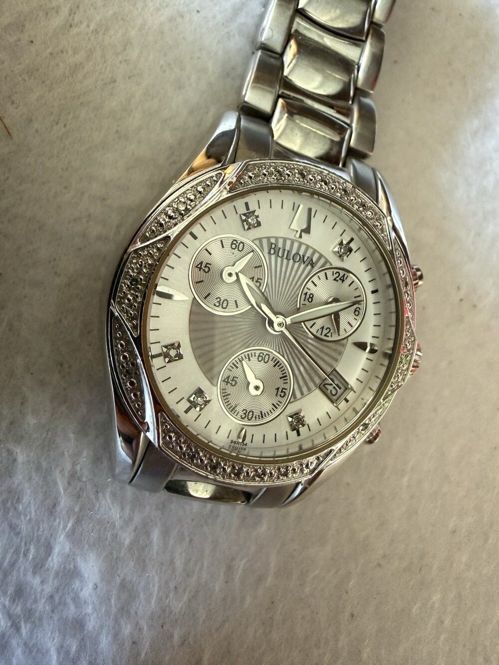 Bulova Chronograph Diamond Bezel Stainless Steel Luxury Watch Needs Battery